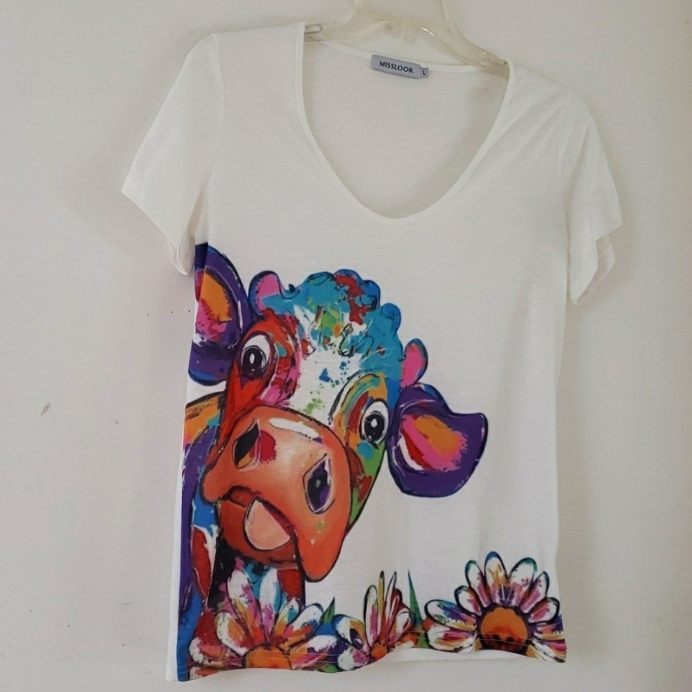 MISSLOOK Cow & Floral Print Rounded Neck Short-sleeve Women's T-shirt, Size L